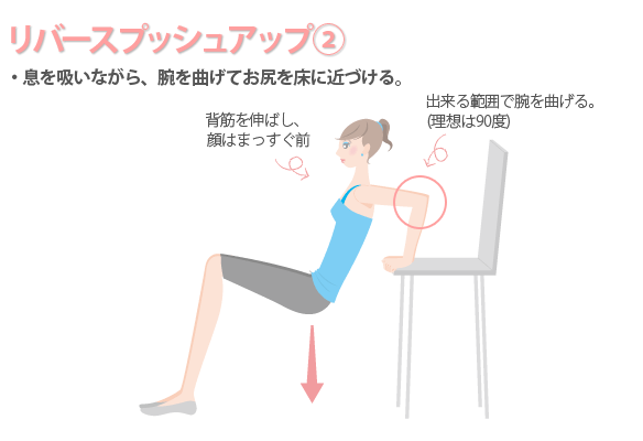手順2-息を吸いながら腕を曲げて尻を床に近づける-二の腕トレーニング
