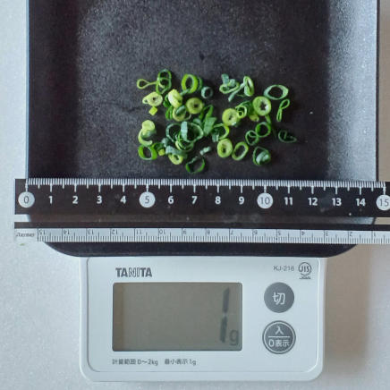 皿に並べた1gのこねぎ