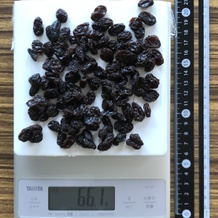 広げた200kcal分の干しぶどう 66g