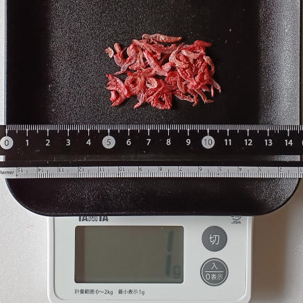 皿に並べた1gの干しエビ