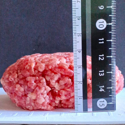 横から見たハンバーグ型に成型した100gの牛ひき肉