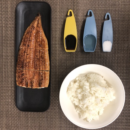 1尾分のうな重の材料(ご飯・うなぎの蒲焼き・砂糖・醤油・みりん)