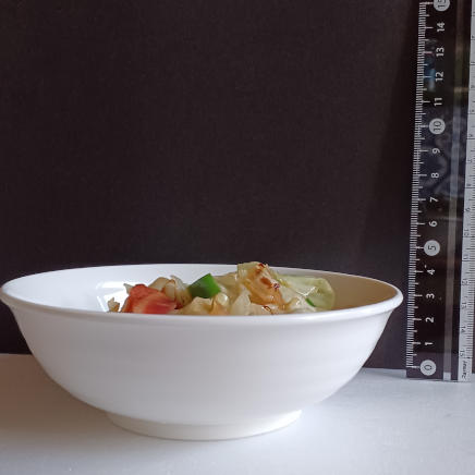 横から見た中皿に盛付けた100gの野菜炒め