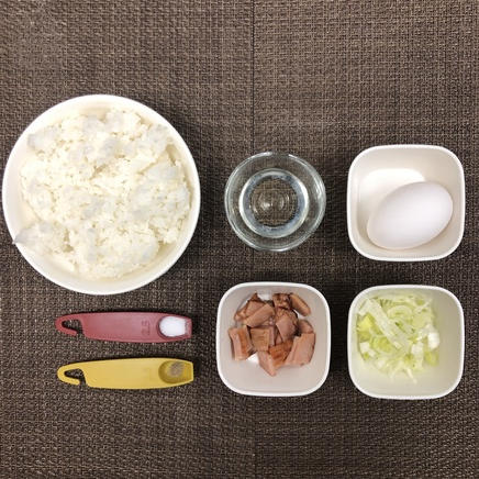 大皿1皿分のあんかけチャーハンに使用した材料（ご飯・焼き豚・ねぎ・塩・こしょう・卵・水）