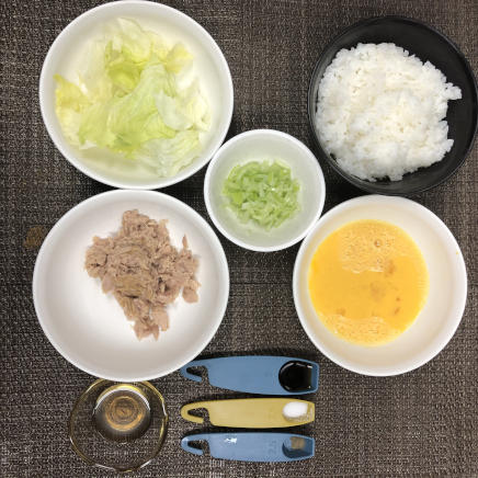 1人前のツナチャーハンに使用したご飯・ツナライト水煮・レタス・ねぎ・醤油・塩・こしょう・ごま油・タマゴ