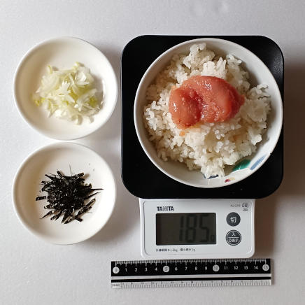 海苔と茶碗1膳分の明太子ご飯に合うトッピングのネギと海苔