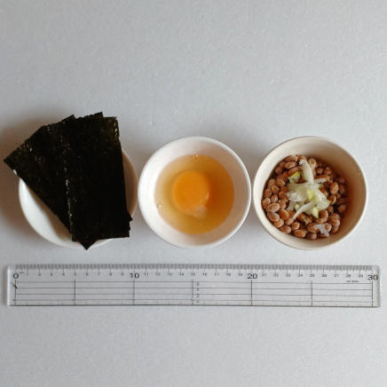納豆定食に使用したネギと醤油入り納豆・生卵・味付け海苔