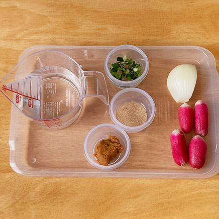 お椀1杯分のはつか大根の味噌汁に使った材料：はつか大根、玉ねぎ、風味調味料、味噌、水、こねぎ