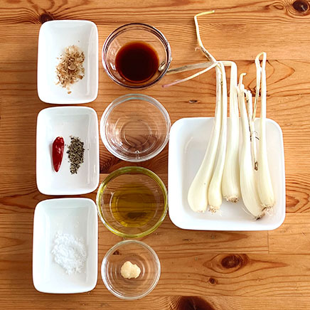 5本分のエシャレットの醤油炒めに使用した材料（エシャレット、唐辛子、かつお節、こしょう、オリーブオイル、おろしにんにく、醤油、みりん、砂糖）