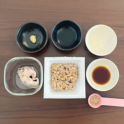 小鉢1杯分の納豆の鯖缶和えに使用した材料（鯖の水煮、納豆、酢、砂糖、醤油、おろし生姜、炒りごま）