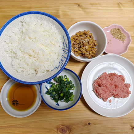 丼一杯分のネギトロ納豆丼に使った材料（マグロ、納豆、ご飯、小ネギ、醤油、ごま）
